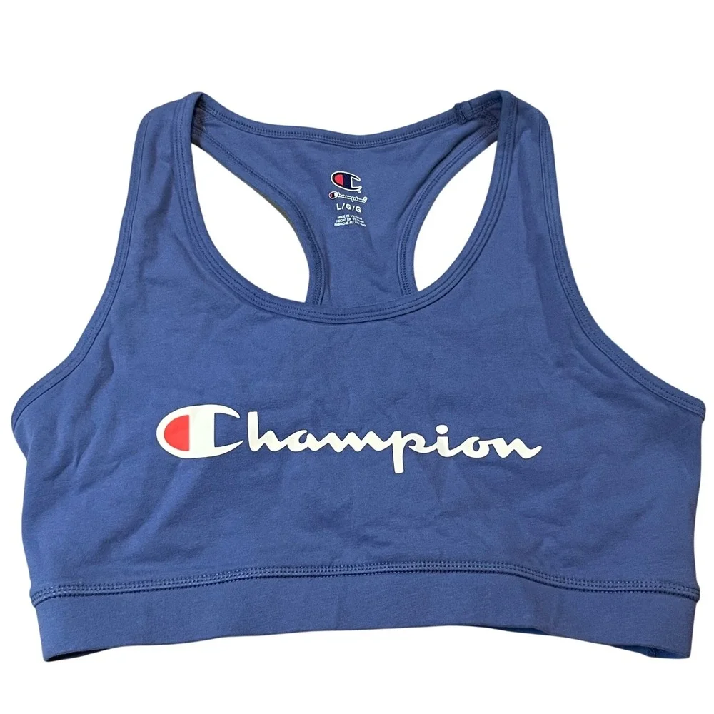 Champion Womens Script Bra Top Coastal Fjord Blue Racerback CPW261BR05010 NEW L